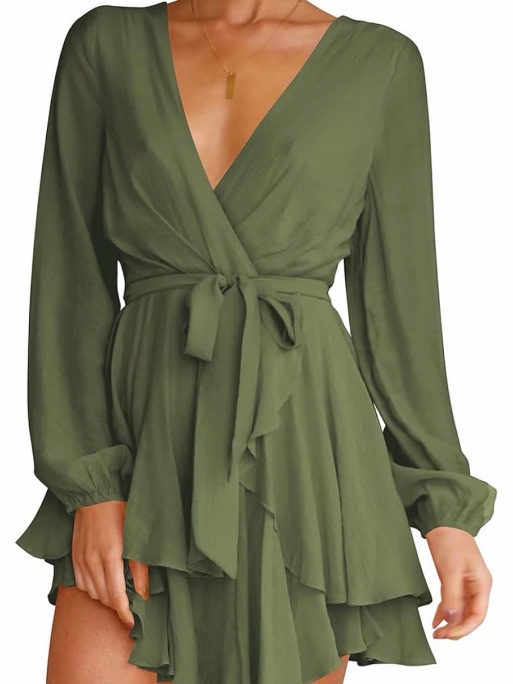 Amazon Olive Green Long Sleeve Wrap Ruffle Dress